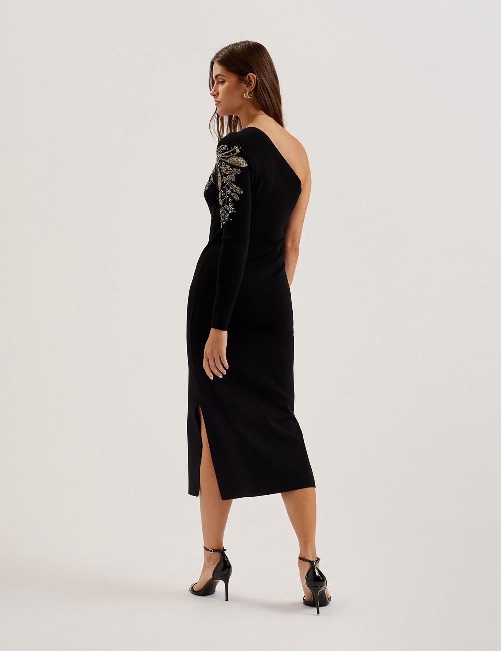Ted Baker LIZYYY - One Shoulder Embellished Knit Women Midi Dresses Black | UAE  35297-MIBX
