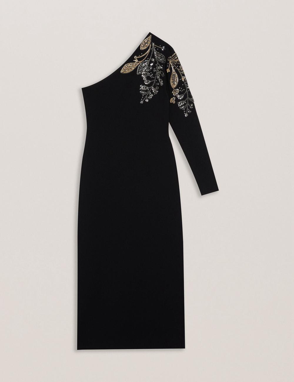 Ted Baker LIZYYY - One Shoulder Embellished Knit Women Midi Dresses Black | UAE  35297-MIBX