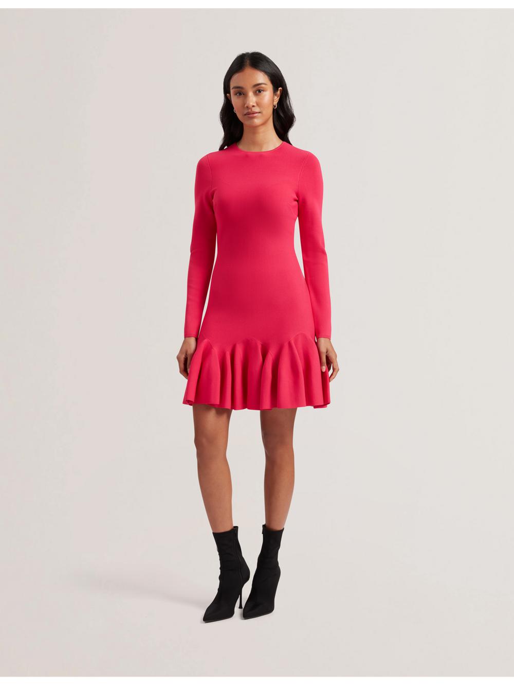 Ted Baker LOISSS - Flounce Hem Long Sleeve Knitted Women Mini Dresses Fuchsia | UAE  47680-NZEO