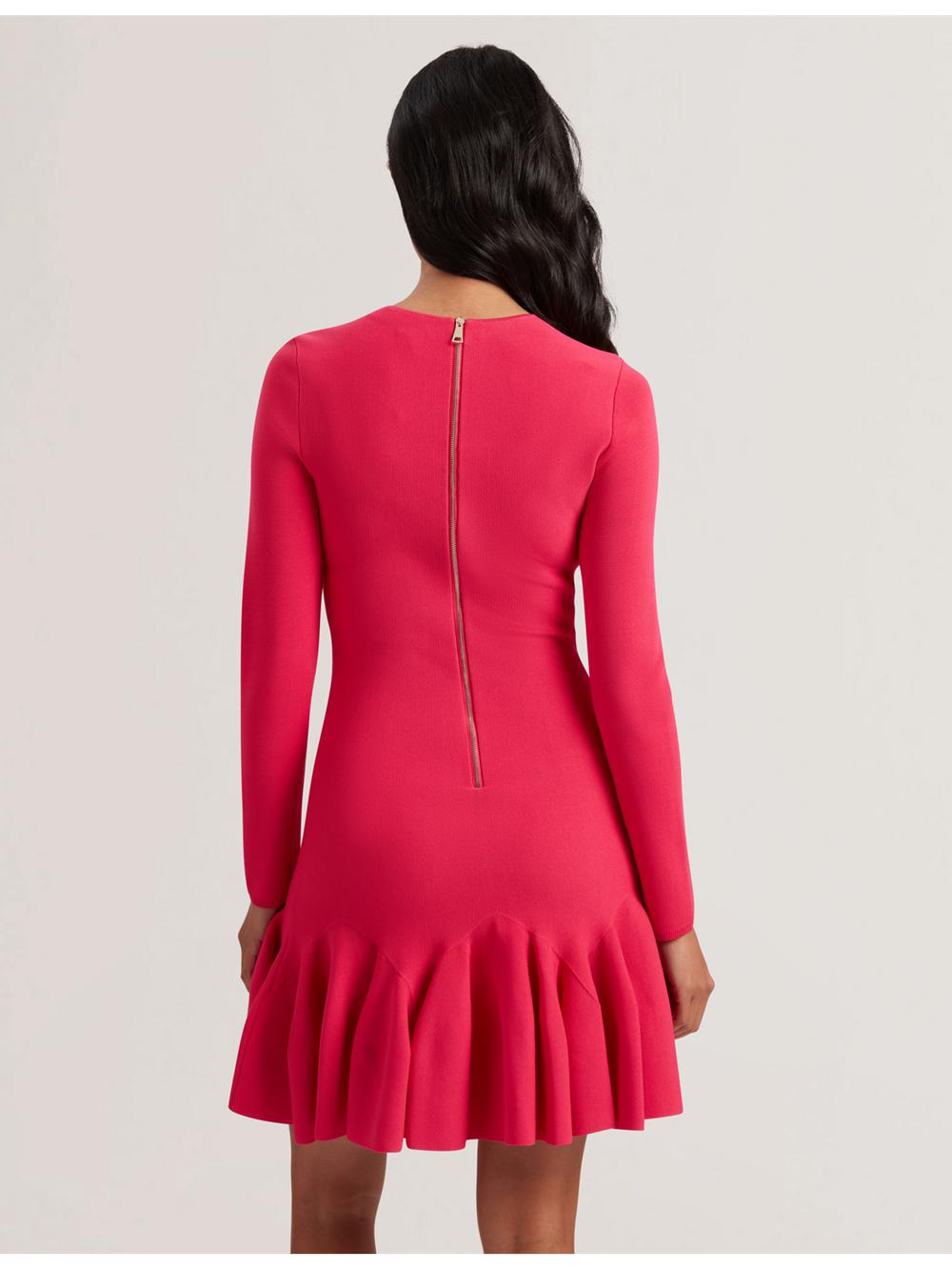 Ted Baker LOISSS - Flounce Hem Long Sleeve Knitted Women Mini Dresses Fuchsia | UAE  47680-NZEO