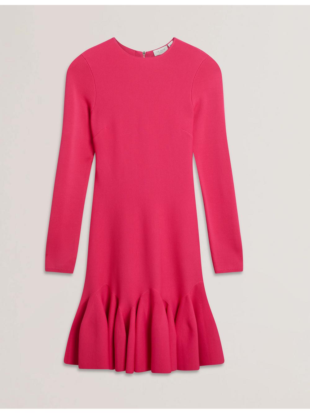 Ted Baker LOISSS - Flounce Hem Long Sleeve Knitted Women Mini Dresses Fuchsia | UAE  47680-NZEO
