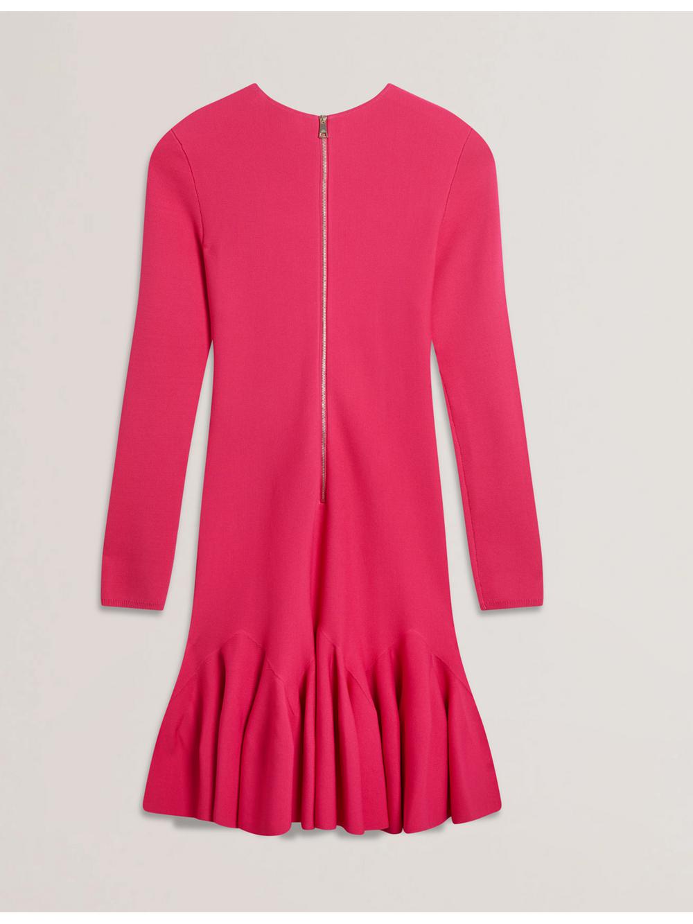 Ted Baker LOISSS - Flounce Hem Long Sleeve Knitted Women Mini Dresses Fuchsia | UAE  47680-NZEO