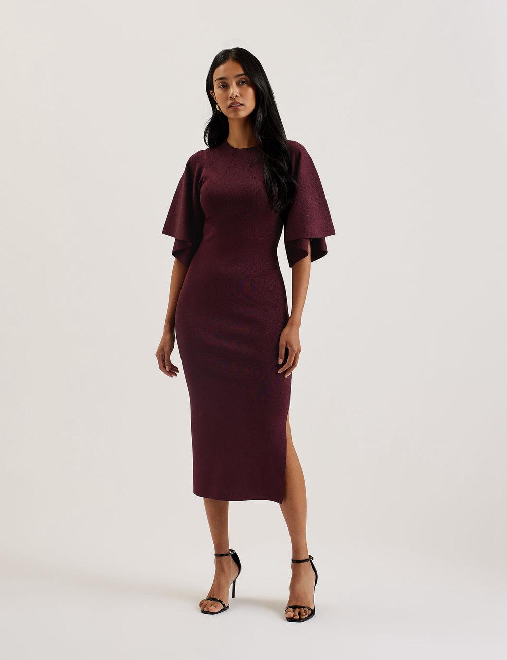 Ted Baker LOUANAA - Metallic Knit Fluted Sleeve Women Midi Dresses Red | UAE  10857-YBPZ