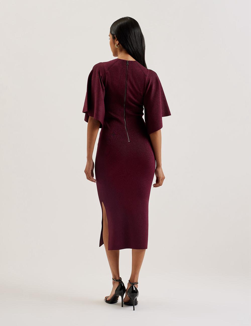Ted Baker LOUANAA - Metallic Knit Fluted Sleeve Women Midi Dresses Red | UAE  10857-YBPZ