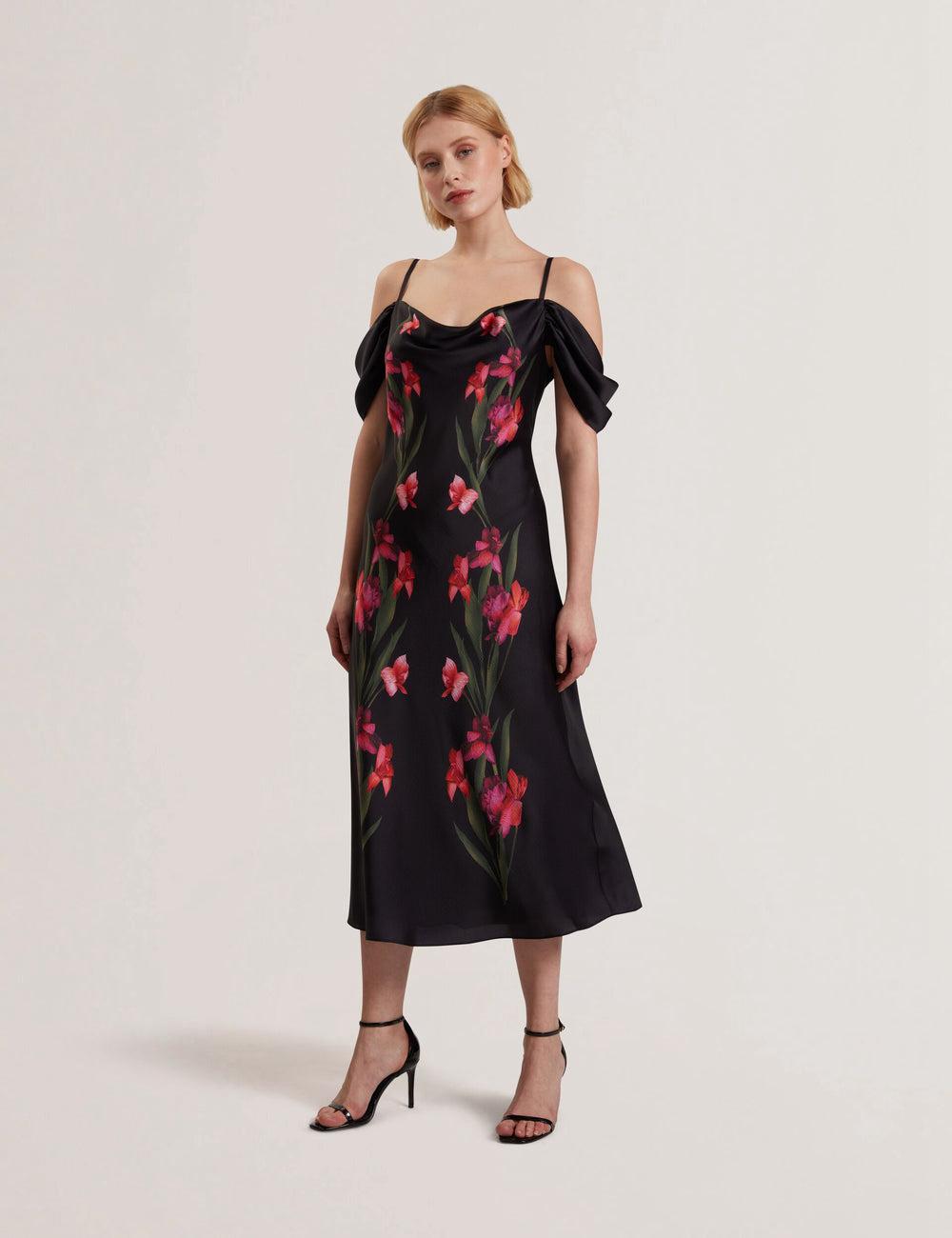 Ted Baker LUCERN - Floral Satin Off Shoulder Bias Women Midi Dresses Black | UAE  45738-CAWK