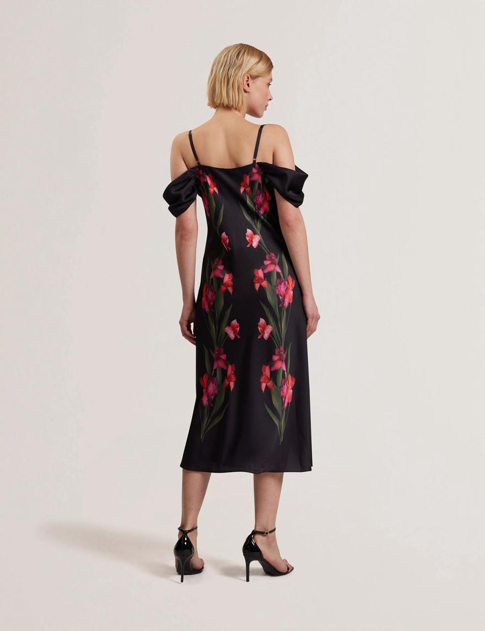 Ted Baker LUCERN - Floral Satin Off Shoulder Bias Women Midi Dresses Black | UAE  45738-CAWK