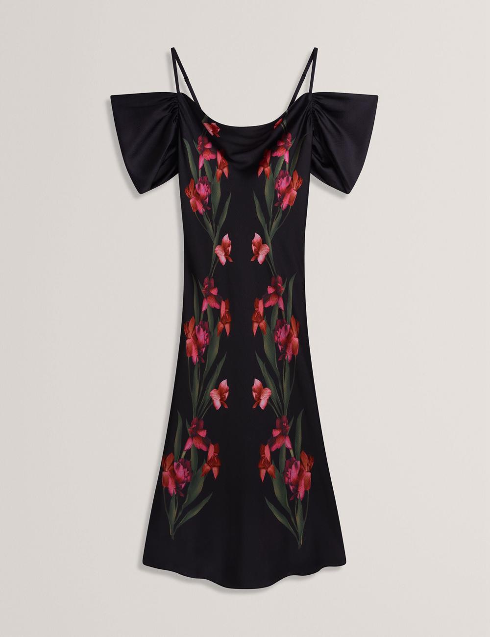 Ted Baker LUCERN - Floral Satin Off Shoulder Bias Women Midi Dresses Black | UAE  45738-CAWK