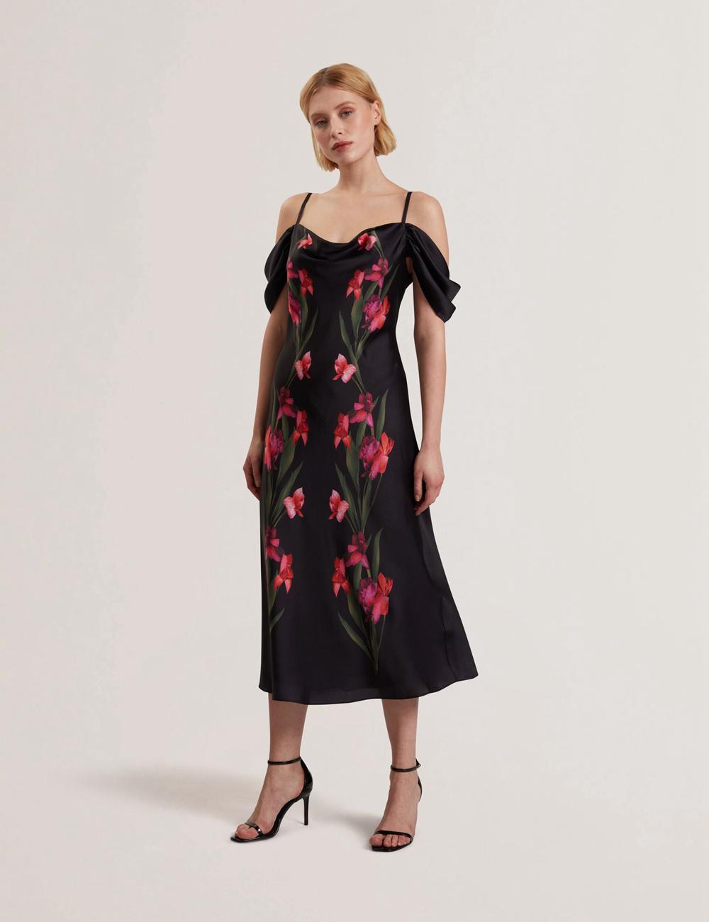 Ted Baker LUCERN - Floral Satin Off Shoulder Bias Women Midi Dresses Black | UAE  45738-CAWK