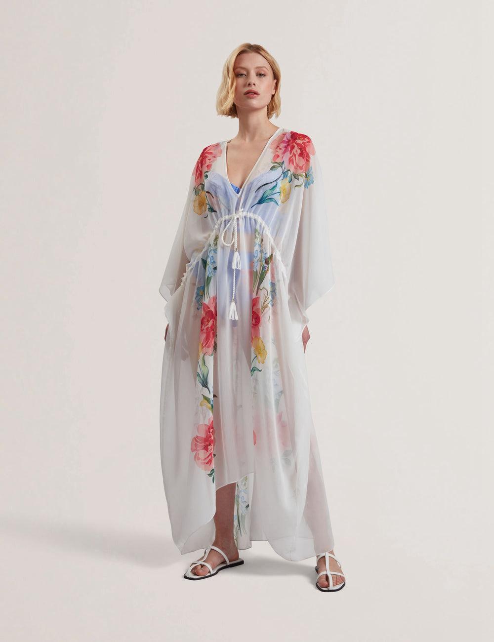 Ted Baker LUUSAA - Floral V-Neck Maxi Kaftan Beach Dress Women Cover Ups White | UAE  41370-XBFW