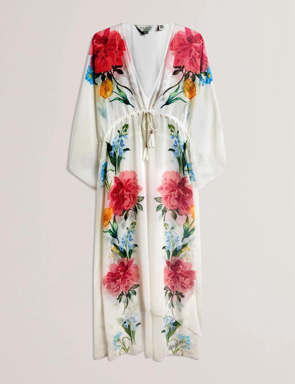 Ted Baker LUUSAA - Floral V-Neck Maxi Kaftan Beach Dress Women Cover Ups White | UAE  41370-XBFW