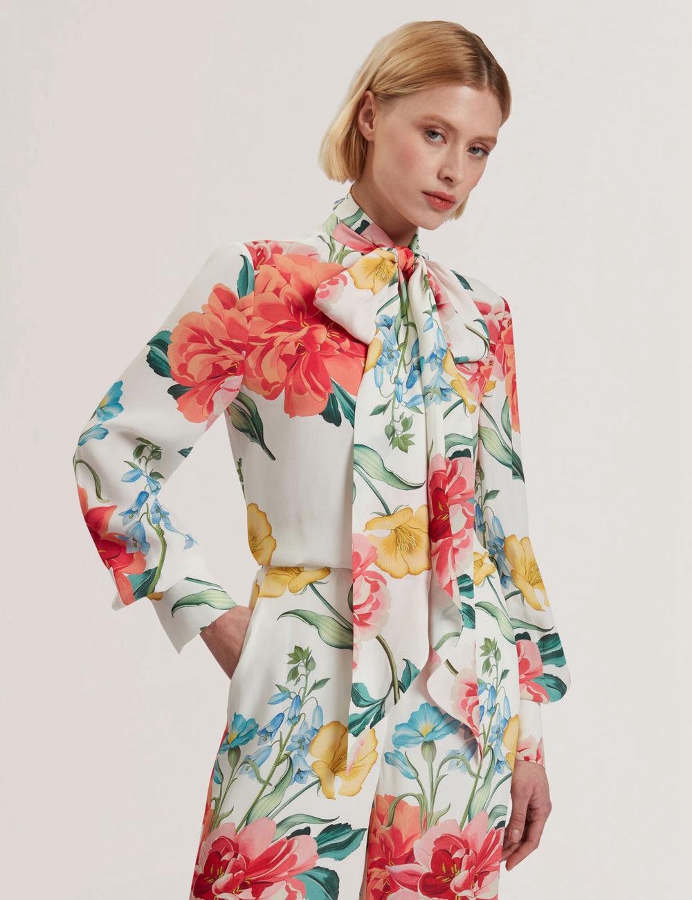 Ted Baker LUUSILE - Floral Print Neck Long Sleeve Women Blouses White | UAE  10857-PTVU
