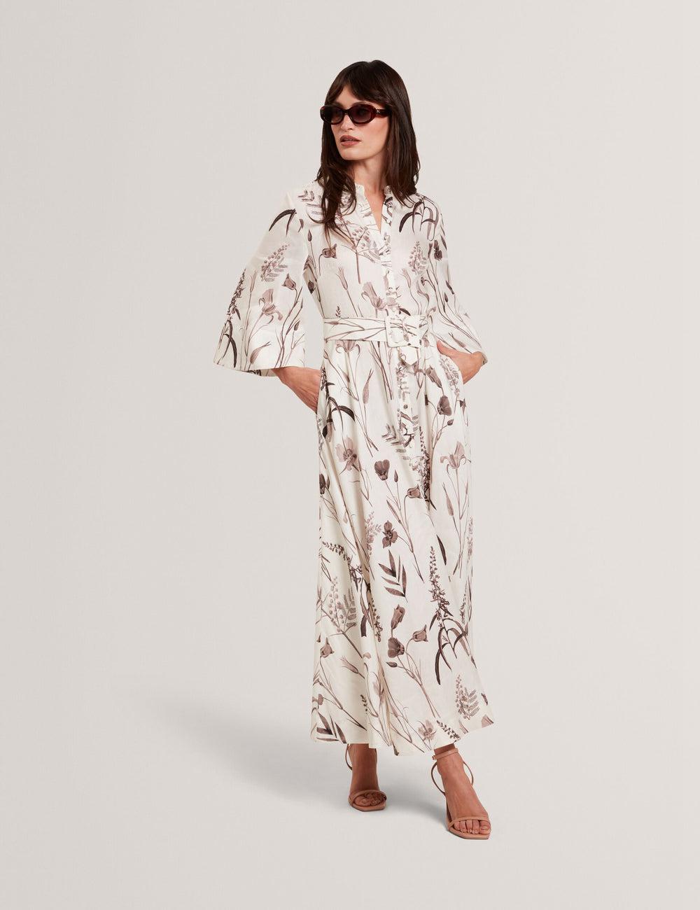 Ted Baker LUWISA - Floral Linen Silk Belted Midi Shirt Women Midi Dresses Ivory | UAE  16724-GVZH