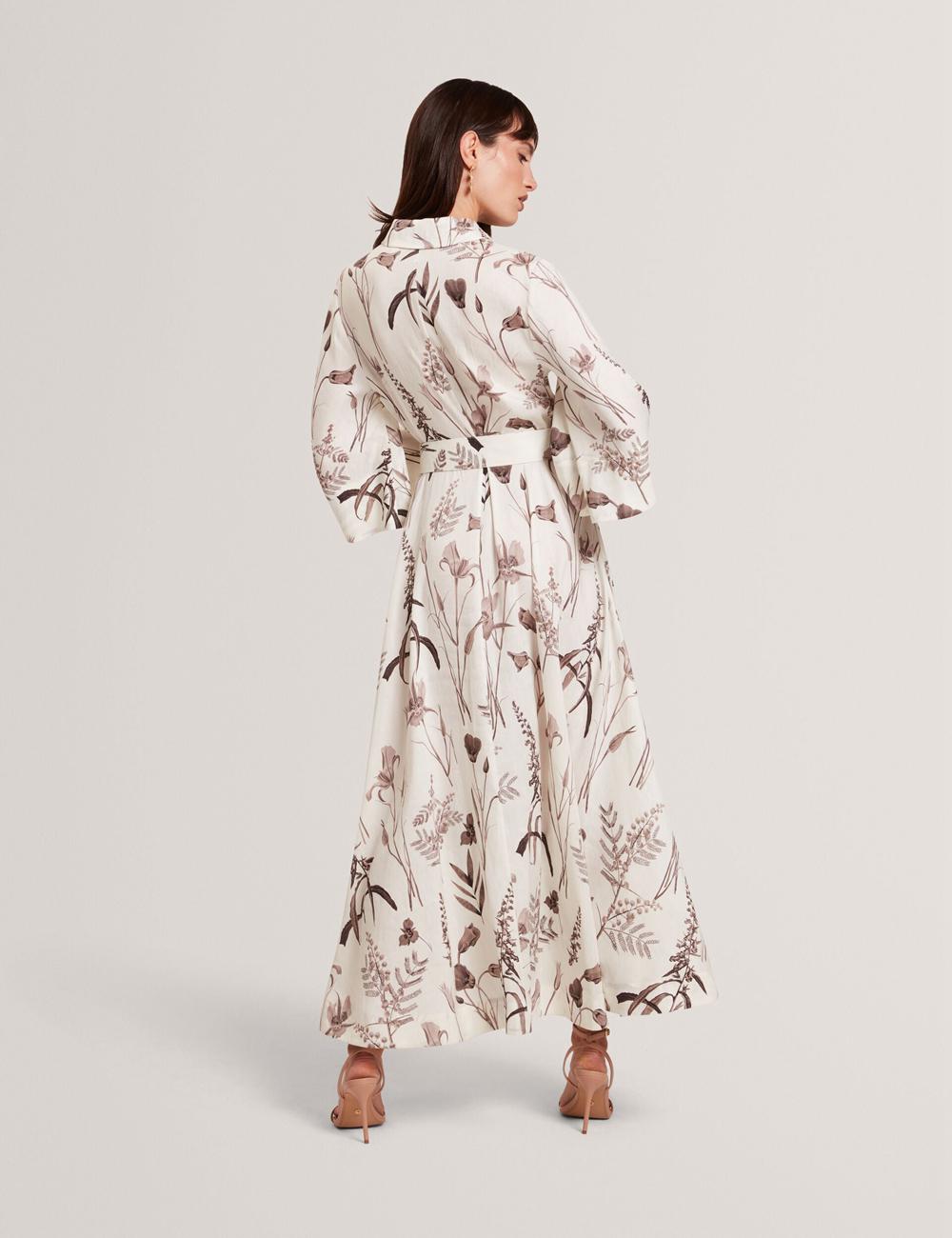 Ted Baker LUWISA - Floral Linen Silk Belted Midi Shirt Women Midi Dresses Ivory | UAE  16724-GVZH