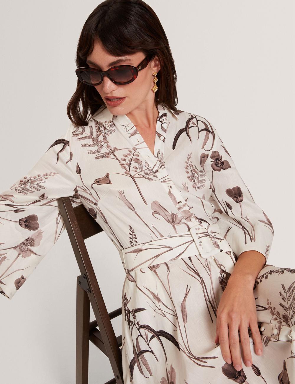 Ted Baker LUWISA - Floral Linen Silk Belted Midi Shirt Women Midi Dresses Ivory | UAE  16724-GVZH