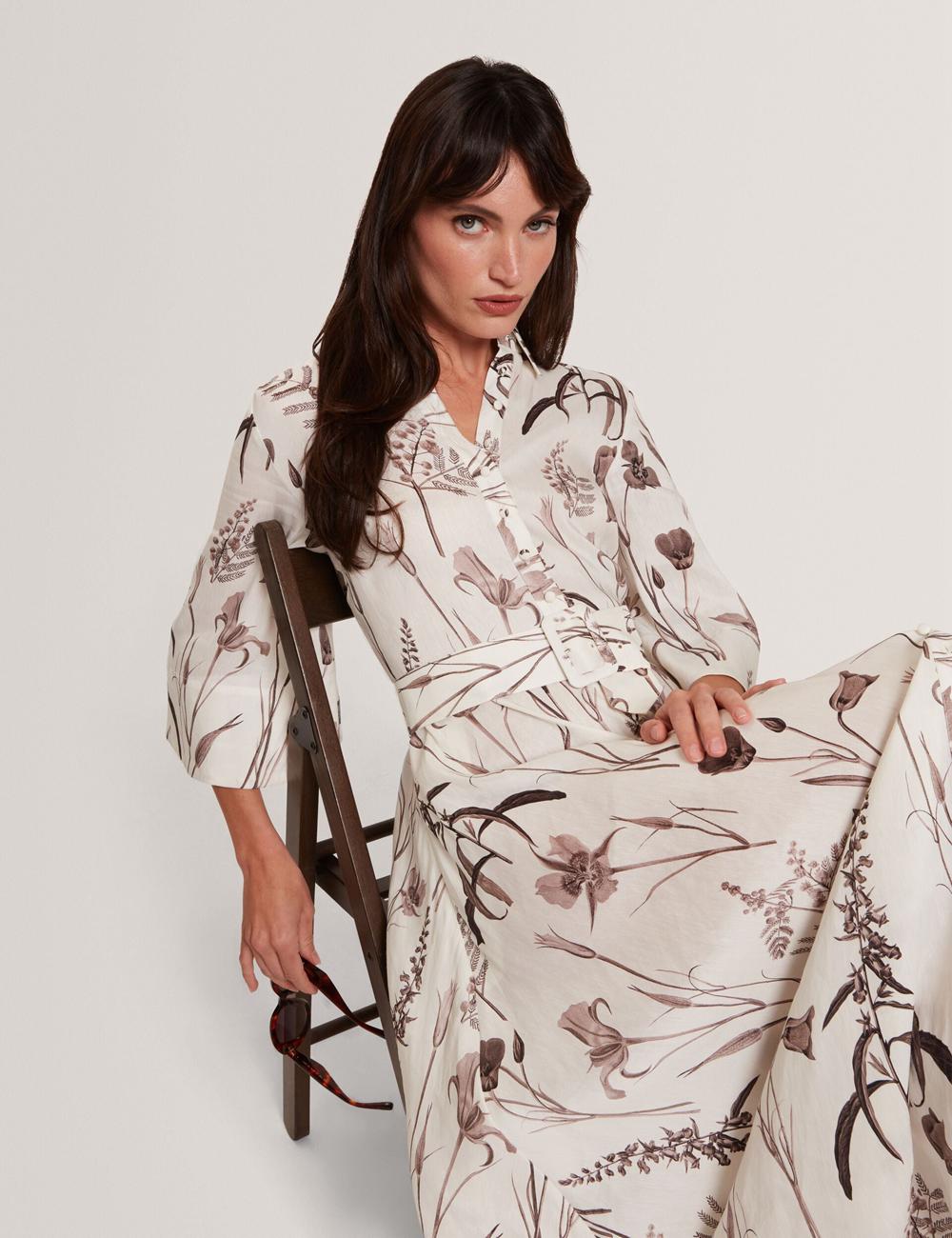 Ted Baker LUWISA - Floral Linen Silk Belted Midi Shirt Women Midi Dresses Ivory | UAE  16724-GVZH