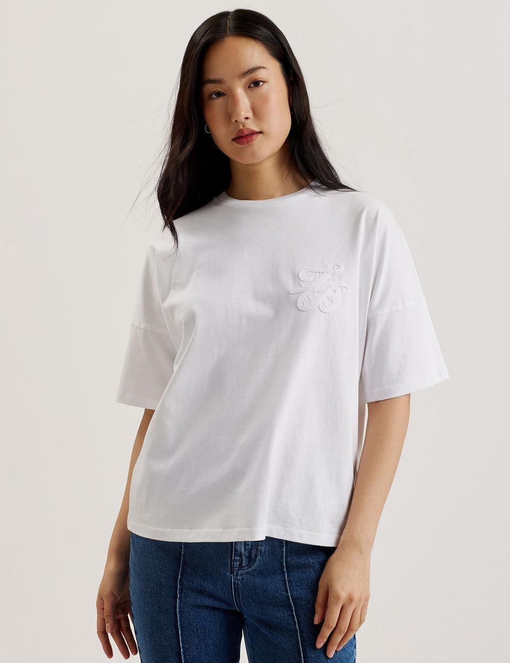 Ted Baker MALORRY - Embroidered Logo Boxy Cotton Women T-Shirts White | UAE  28735-UITF
