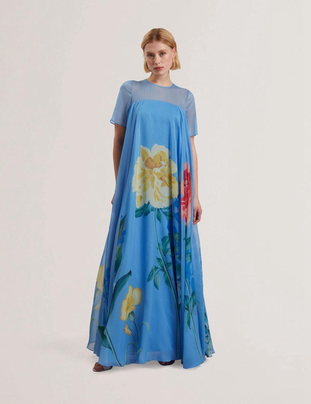 Ted Baker MALRIE - Sheer Neck Floral Trapeze Women Maxi Dresses Mid-Blue | UAE  65384-SDGH
