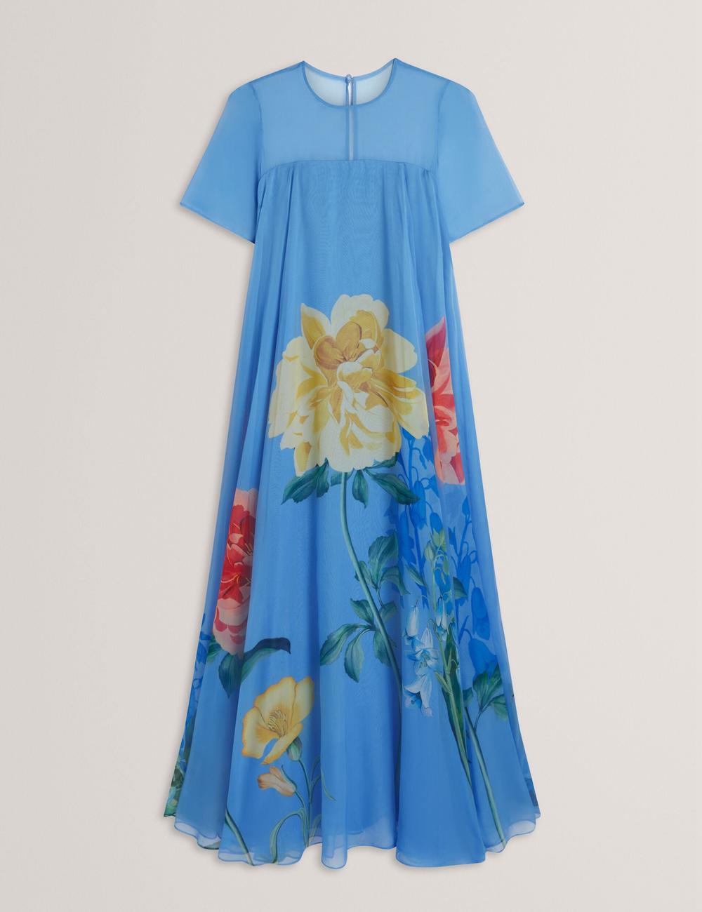 Ted Baker MALRIE - Sheer Neck Floral Trapeze Women Maxi Dresses Mid-Blue | UAE  65384-SDGH