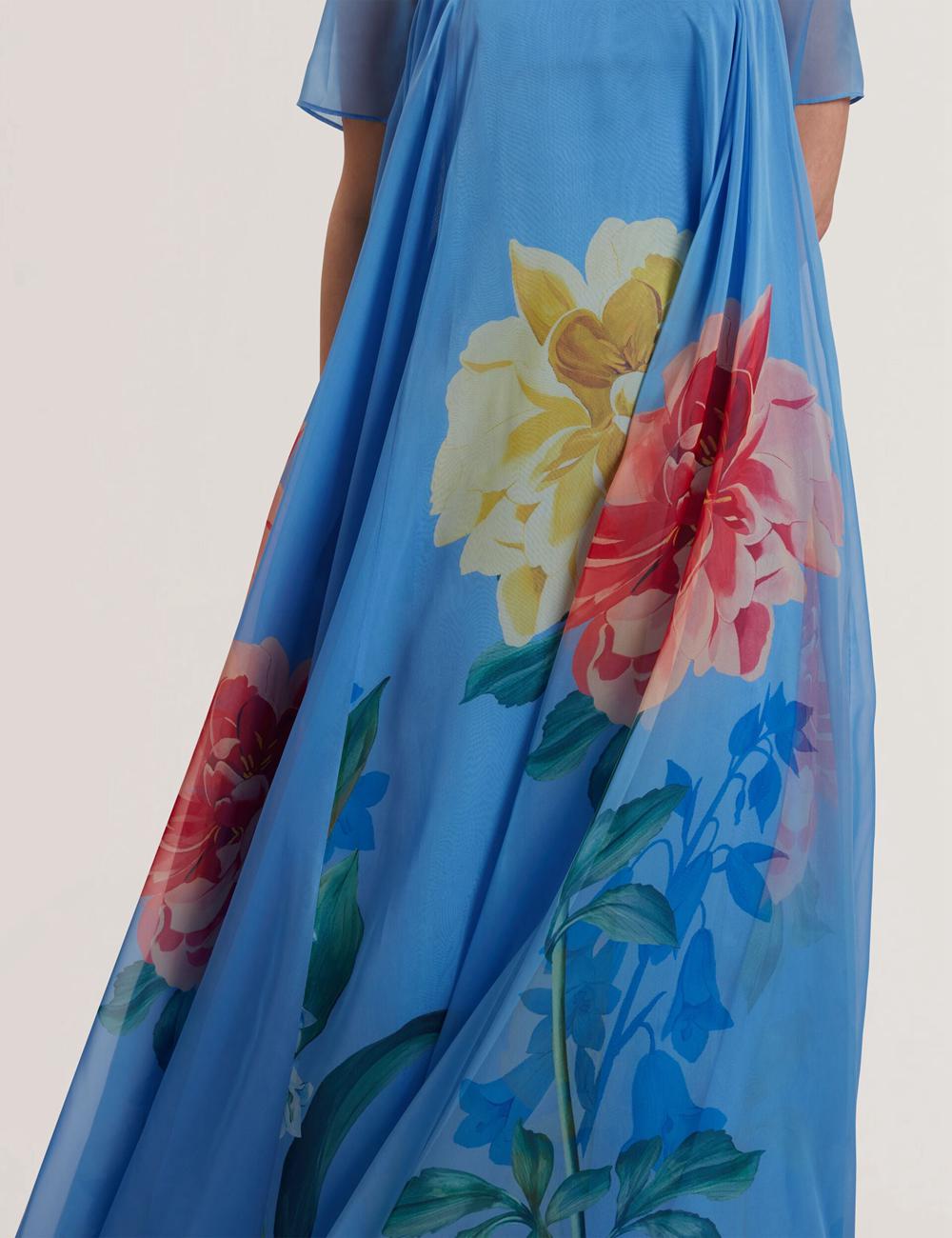 Ted Baker MALRIE - Sheer Neck Floral Trapeze Women Maxi Dresses Mid-Blue | UAE  65384-SDGH