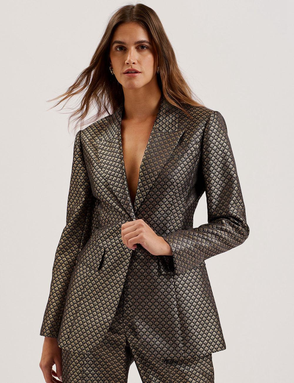 Ted Baker MANGU - Tailored Metallic Jacquard Fitted Women Blazers Black | UAE  85706-VUMD