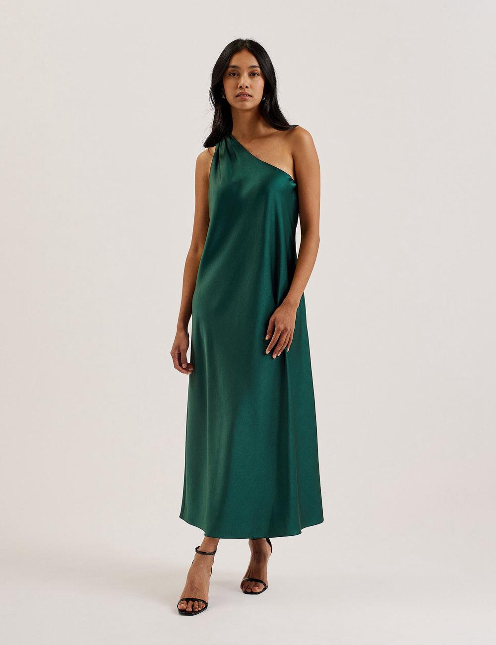 Ted Baker MELGAR - Satin One Shoulder Women Midi Dresses Dk-Green | UAE  75681-ZINX