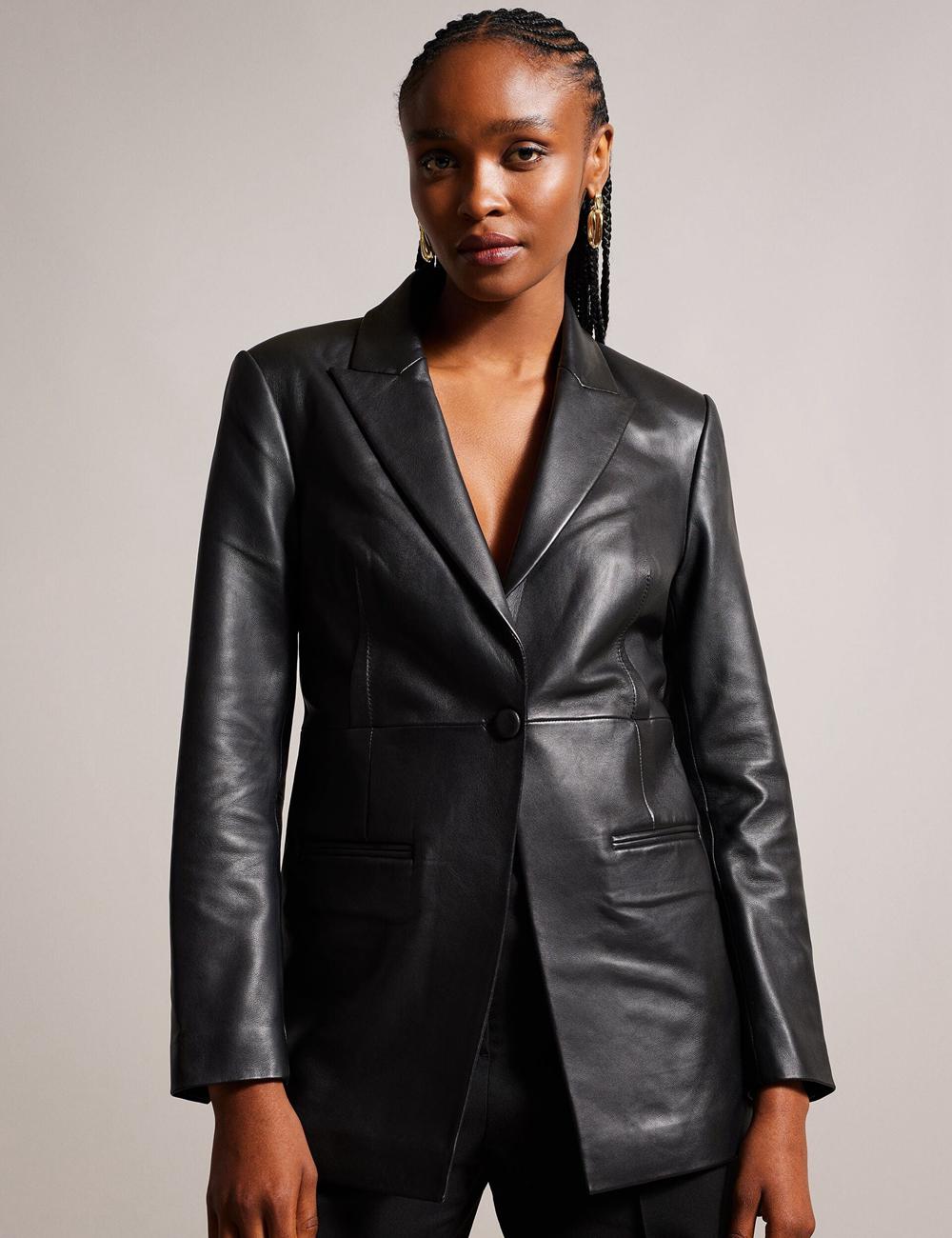 Ted Baker MELLIIE - Longline Single Breasted Leather Women Blazers Black | UAE  94180-JKPO