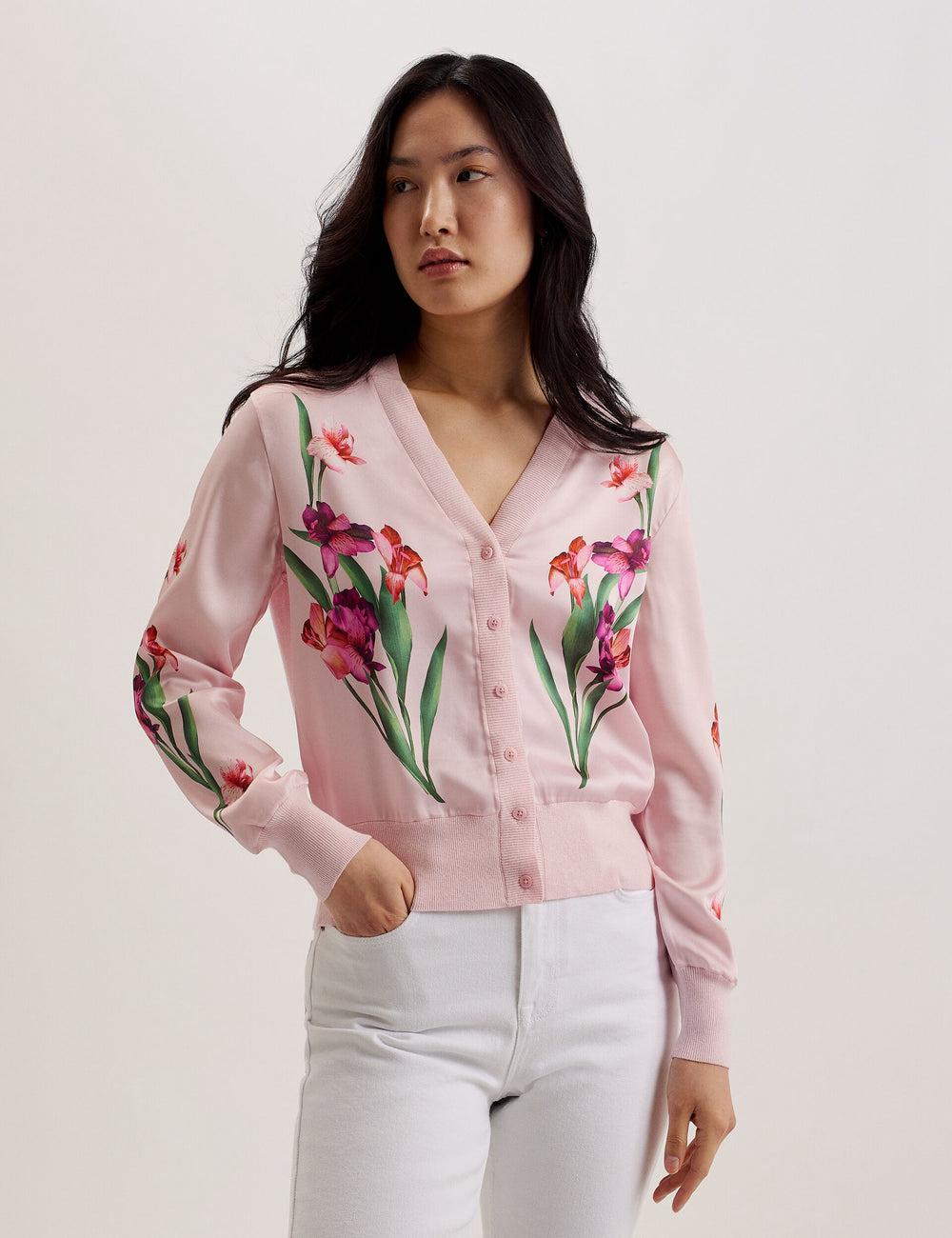 Ted Baker MERALLL - Floral Woven Front V-Neck Women Cardigans Pink | UAE  76398-LVNO