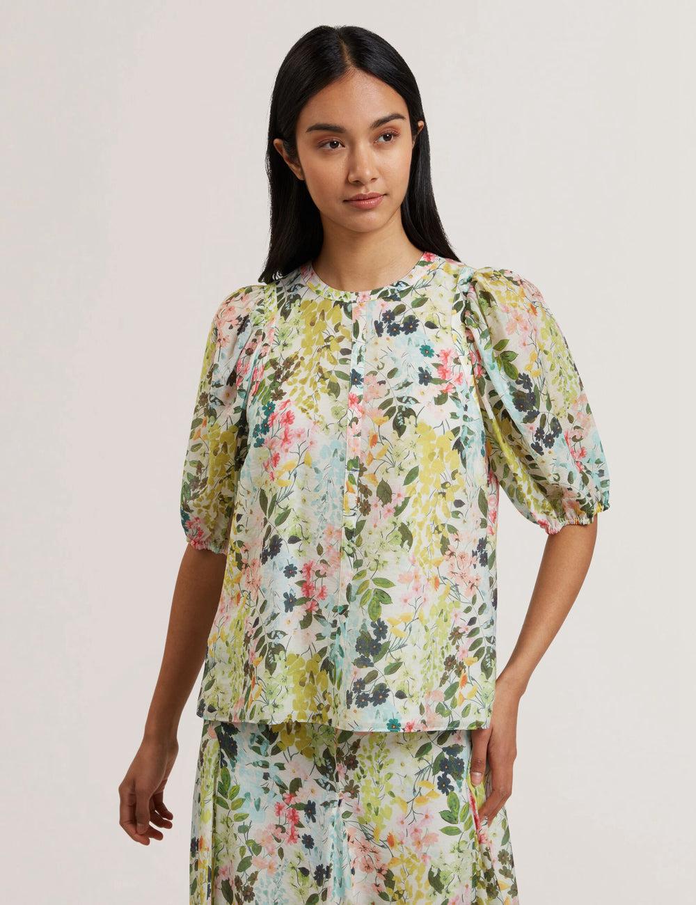 Ted Baker MICHA - Floral Binding Detail Puffed Sleeve Women Blouses Ivory | UAE  10924-TAVZ