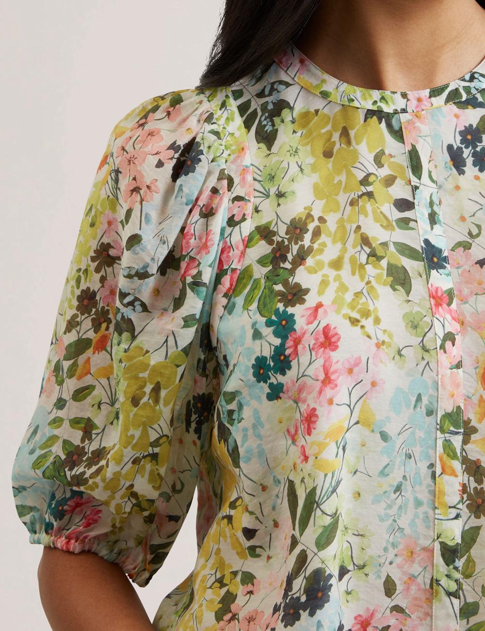 Ted Baker MICHA - Floral Binding Detail Puffed Sleeve Women Blouses Ivory | UAE  10924-TAVZ