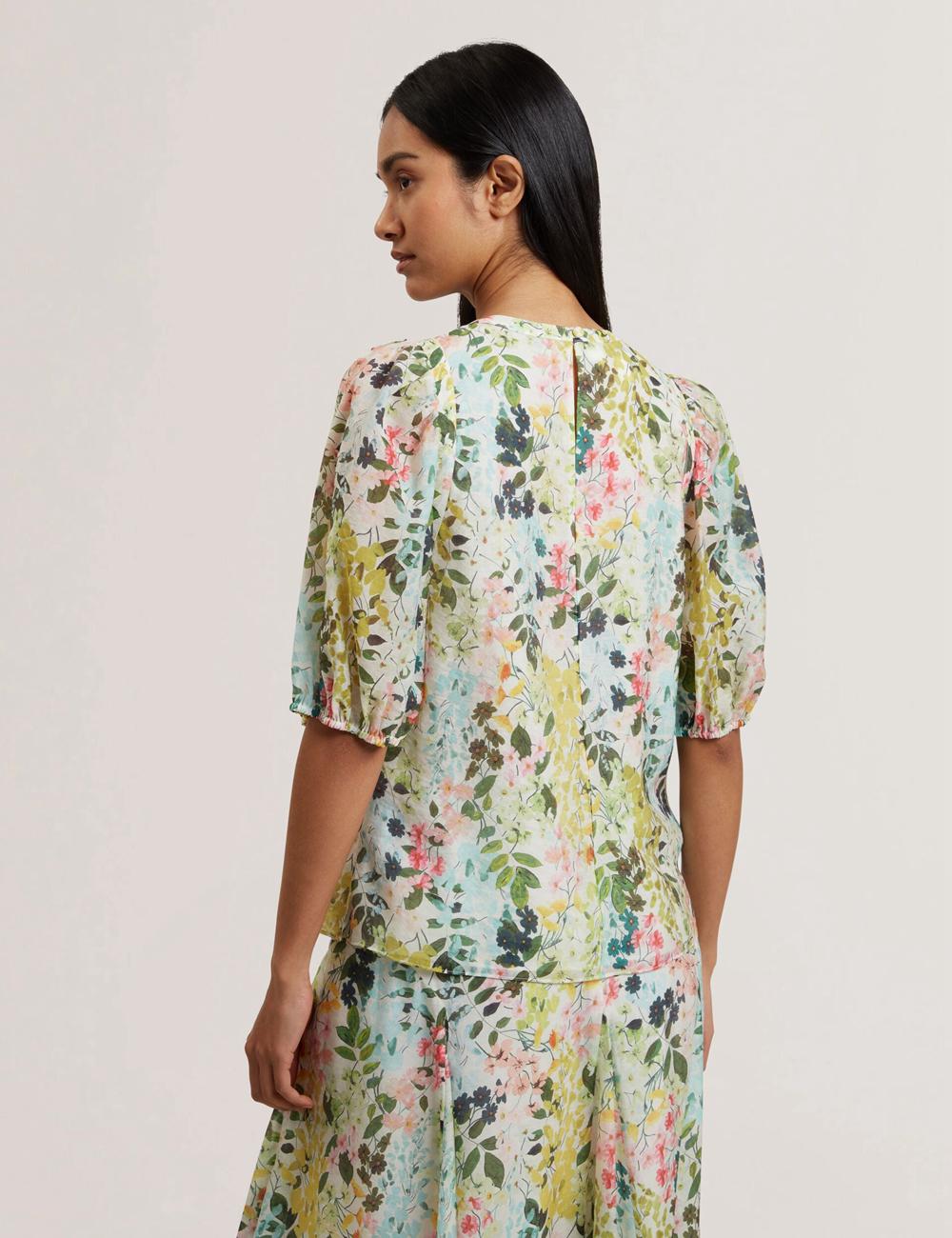 Ted Baker MICHA - Floral Binding Detail Puffed Sleeve Women Blouses Ivory | UAE  10924-TAVZ