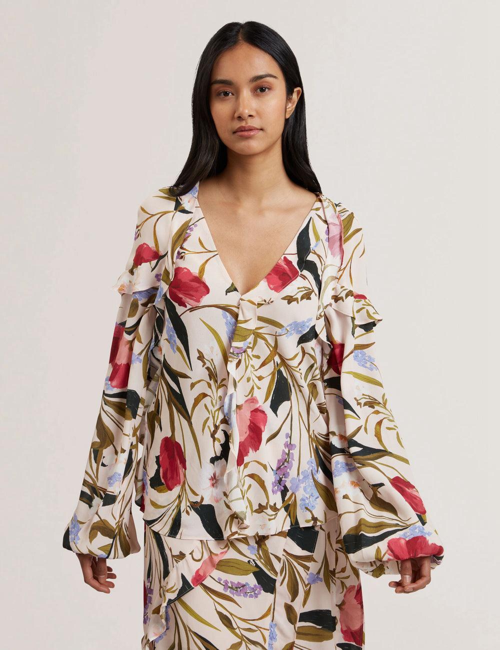 Ted Baker MINASA - Floral Print Frill Trim Long Sleeve Women Blouses Pink | UAE  85902-KGPB