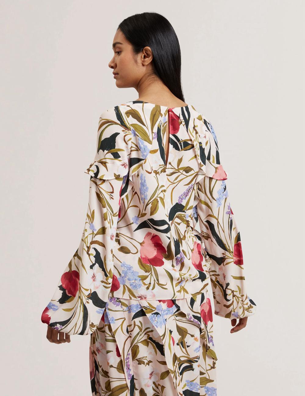 Ted Baker MINASA - Floral Print Frill Trim Long Sleeve Women Blouses Pink | UAE  85902-KGPB