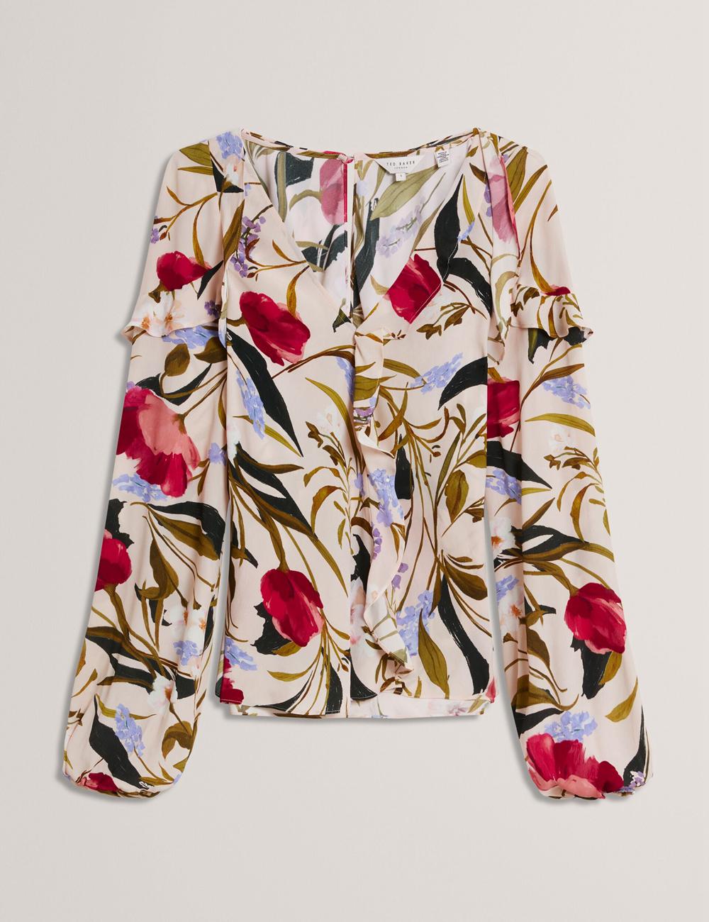 Ted Baker MINASA - Floral Print Frill Trim Long Sleeve Women Blouses Pink | UAE  85902-KGPB