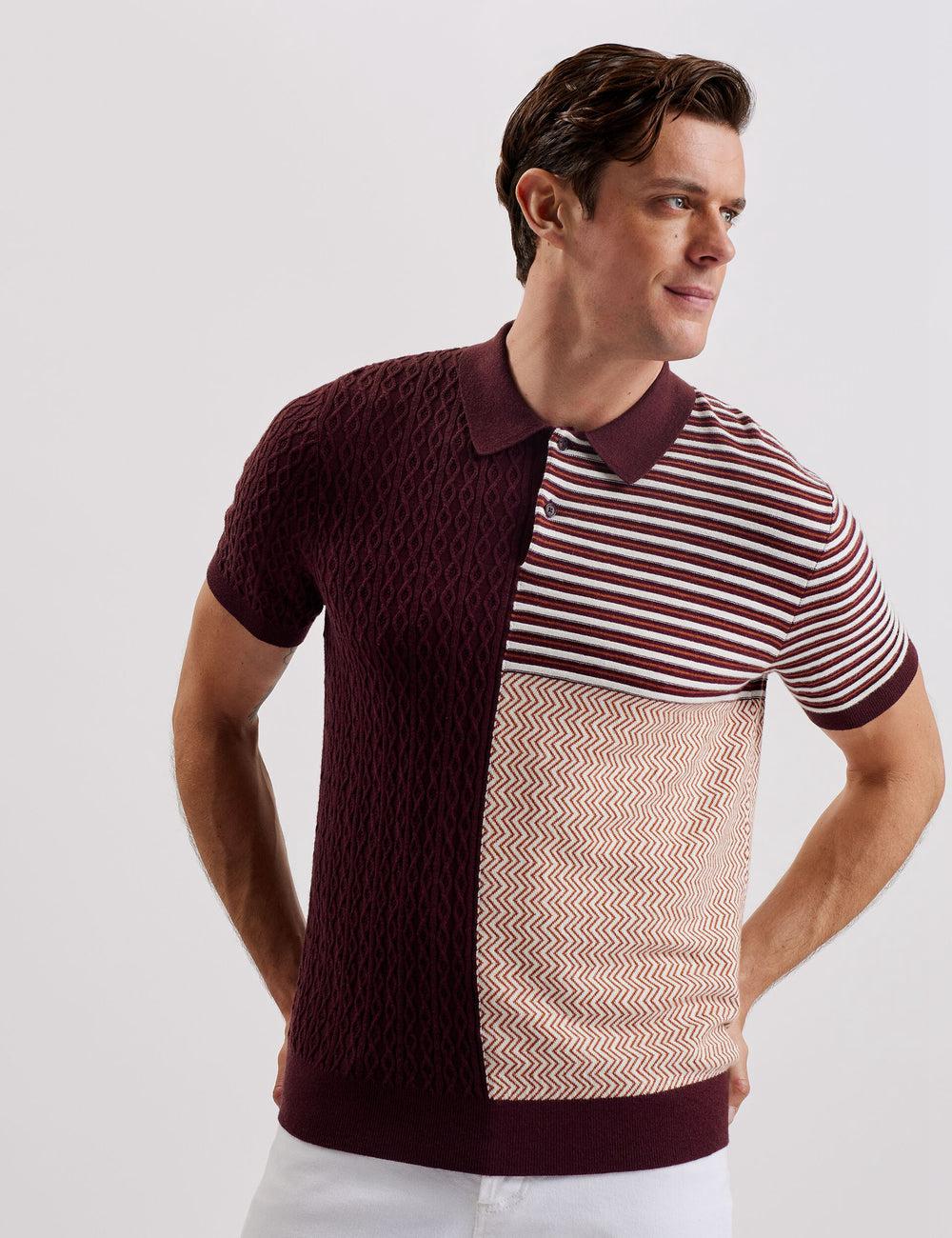 Ted Baker MINSTA - Textured Patchwork Knit Men Polos Shirts Maroon | UAE  52910-URME