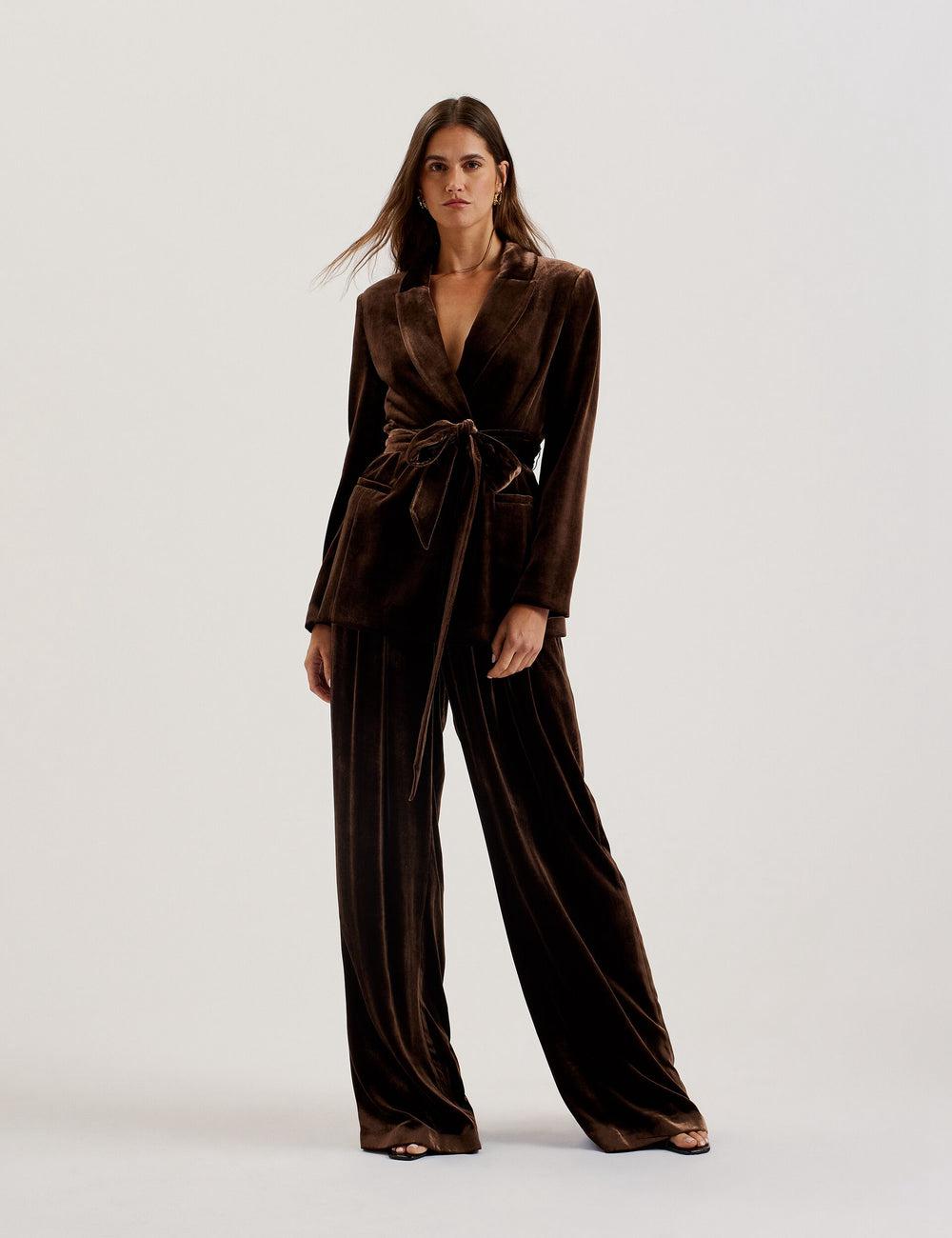 Ted Baker MOMIJIT - Velvet Pleated Wide Leg Women Trousers Brown | UAE  63791-KADO