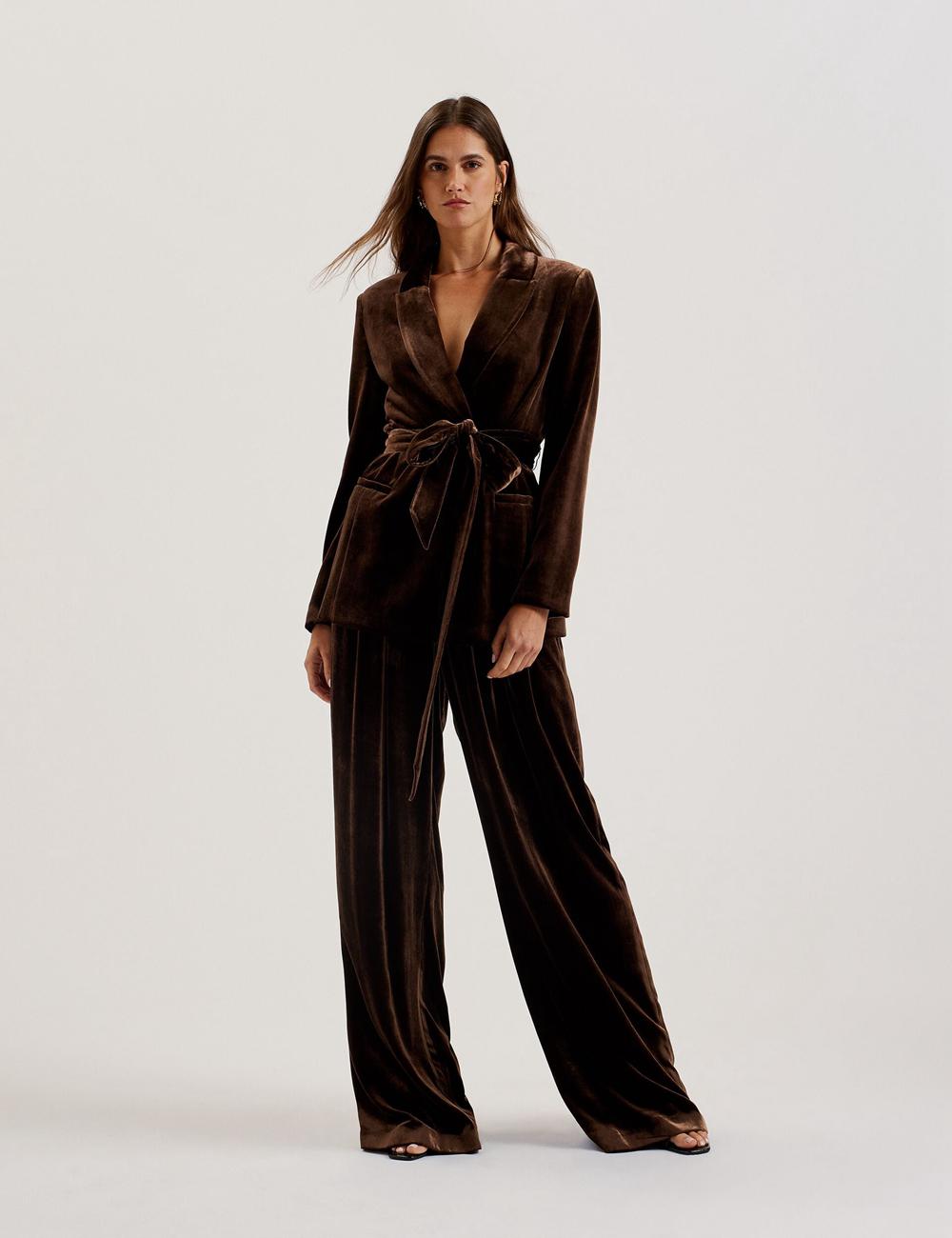 Ted Baker MOMIJIT - Velvet Pleated Wide Leg Women Trousers Brown | UAE  63791-KADO