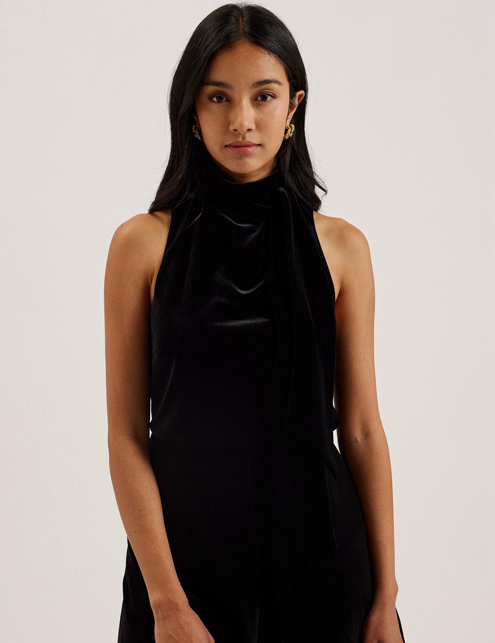 Ted Baker NALIAS - Velvet High Cowl Neck Sleeveless Women Tank Tops Black | UAE  09621-XYCL