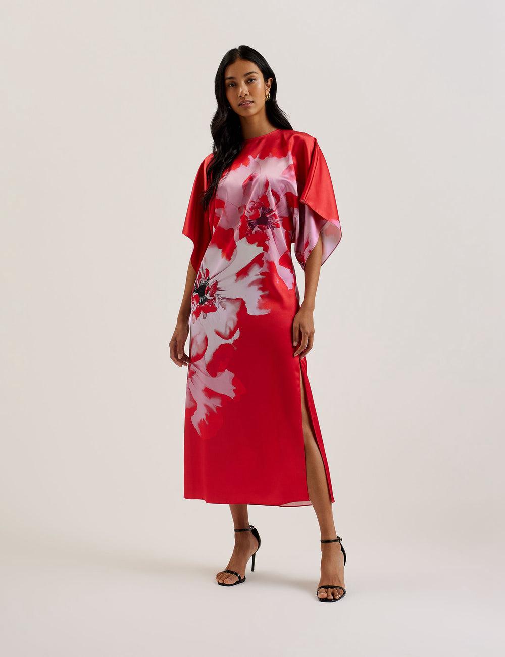 Ted Baker NASINU - Printed Satin Batwing Sleeve Women Midi Dresses Red | UAE  70213-OHTD