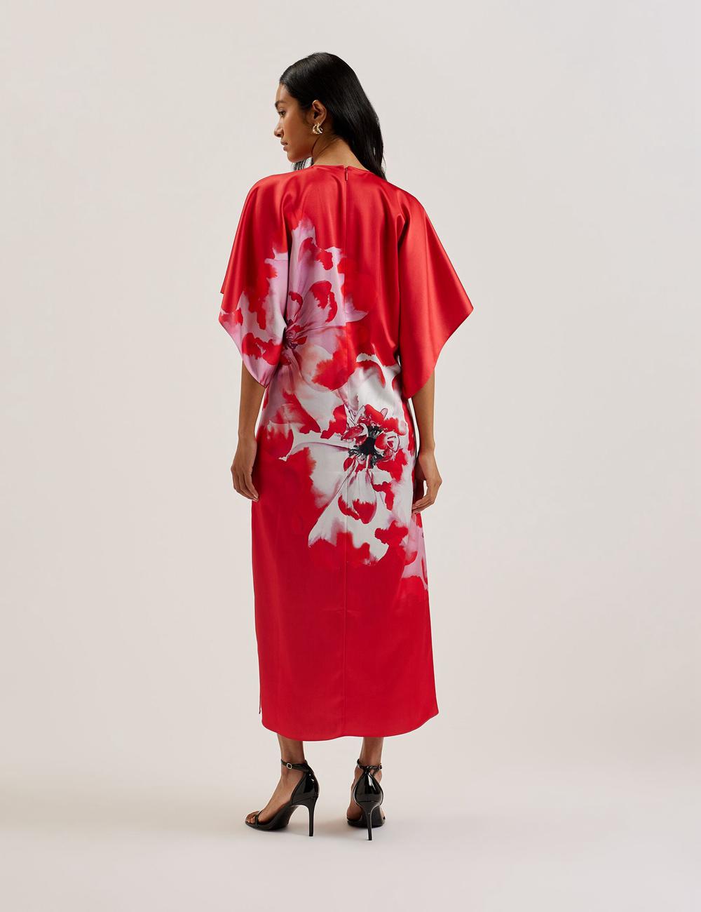 Ted Baker NASINU - Printed Satin Batwing Sleeve Women Midi Dresses Red | UAE  70213-OHTD