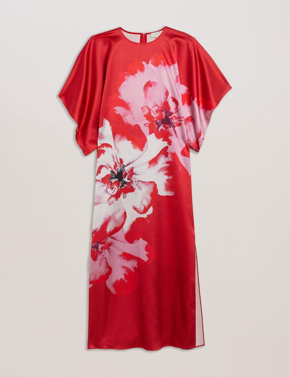 Ted Baker NASINU - Printed Satin Batwing Sleeve Women Midi Dresses Red | UAE  70213-OHTD
