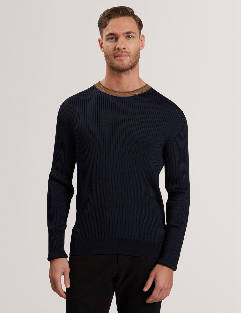 Ted Baker NAYOR - Long Sleeve Rayon Ribbed Crew Neck Men Jumpers Navy | UAE  64897-MJIZ