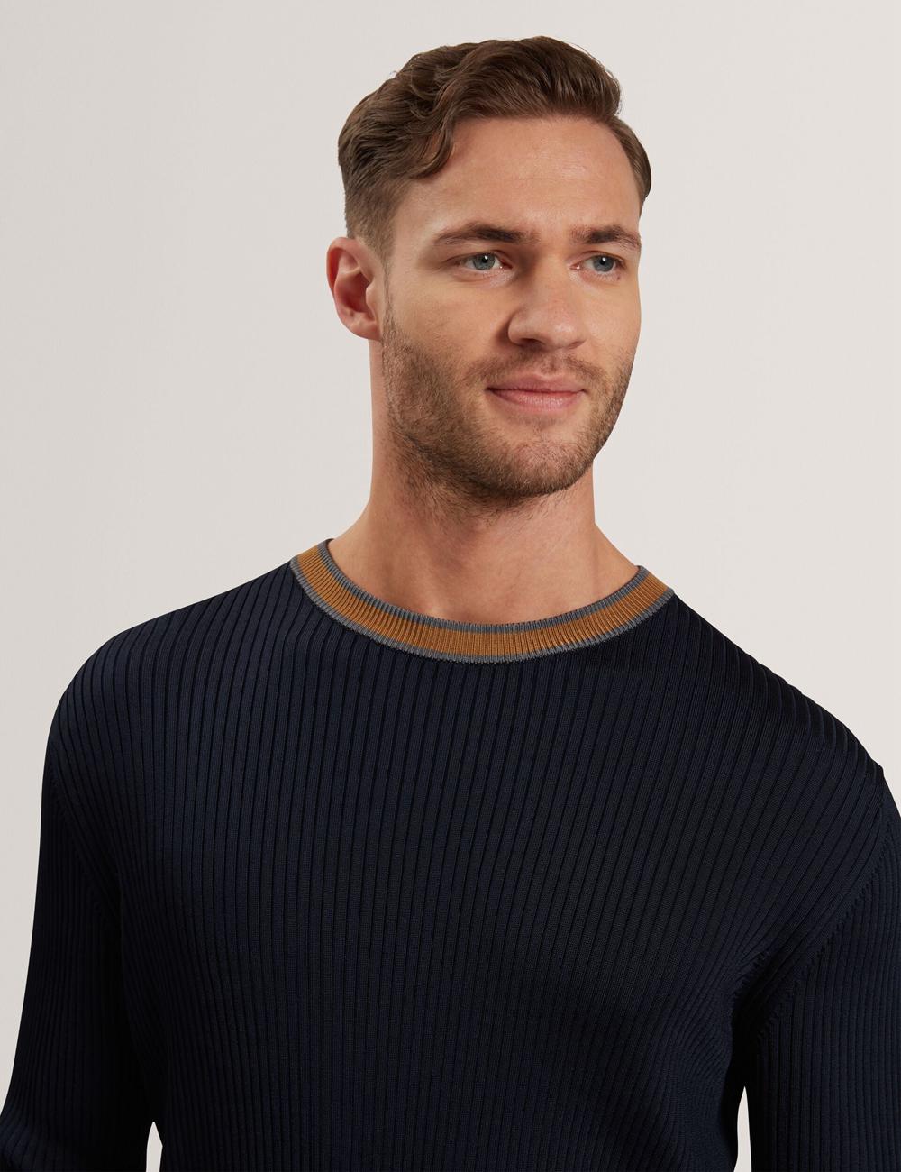 Ted Baker NAYOR - Long Sleeve Rayon Ribbed Crew Neck Men Jumpers Navy | UAE  64897-MJIZ