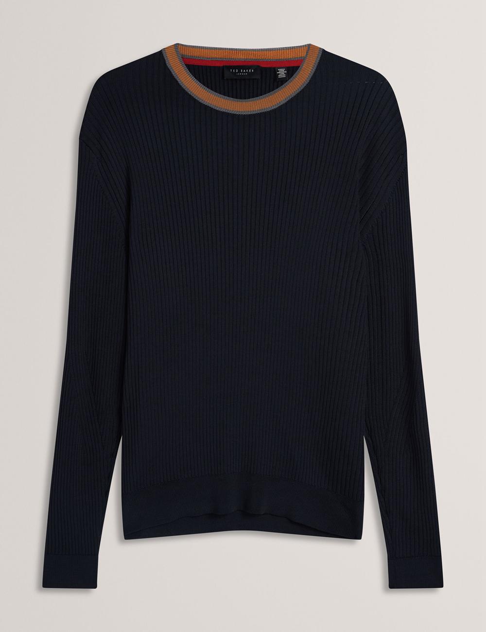 Ted Baker NAYOR - Long Sleeve Rayon Ribbed Crew Neck Men Jumpers Navy | UAE  64897-MJIZ