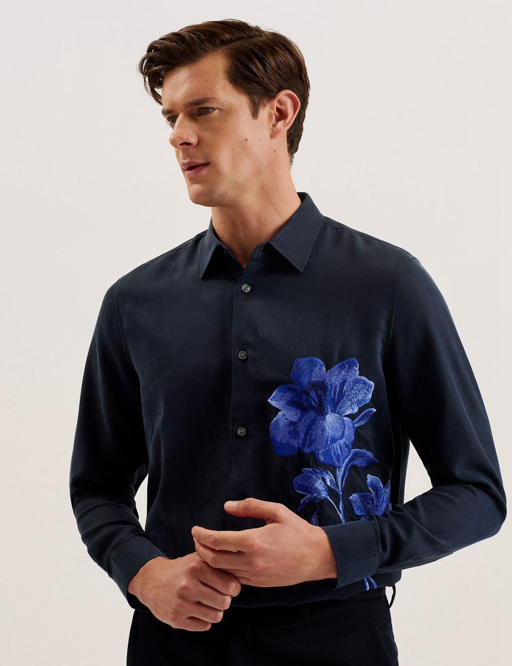 Ted Baker NESSMEN - Embroidered Detail Relaxed Fit Men Casual Shirts Navy | UAE  91460-RFQN