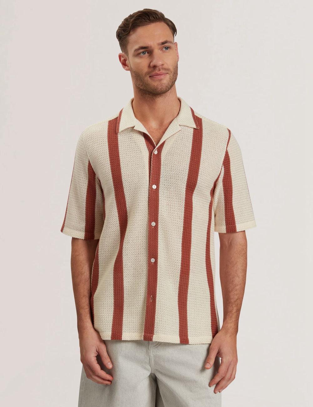 Ted Baker NIKS - Short Sleeve Stripe Crochet Oversized Men Casual Shirts Taupe | UAE  57429-XFWZ