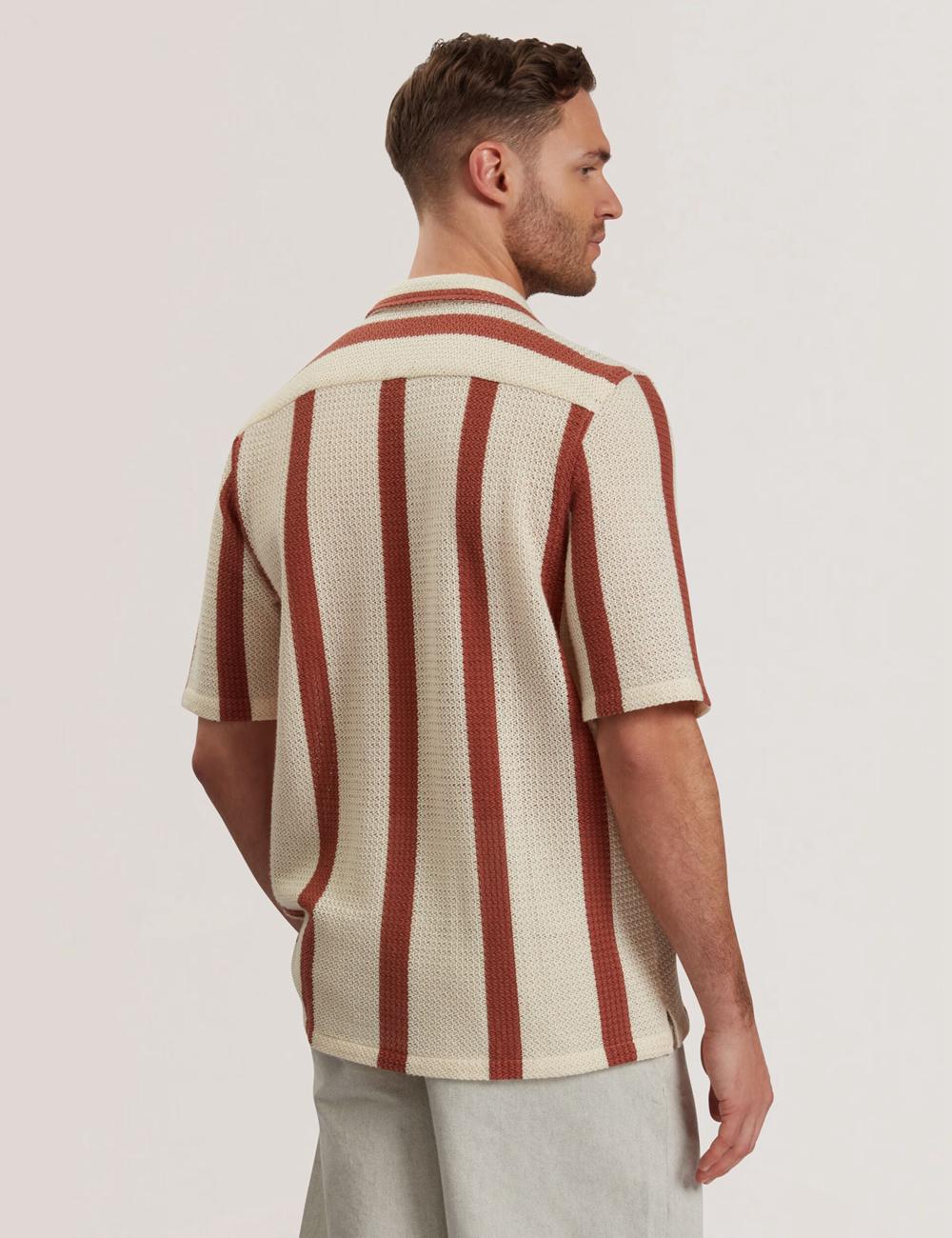 Ted Baker NIKS - Short Sleeve Stripe Crochet Oversized Men Casual Shirts Taupe | UAE  57429-XFWZ