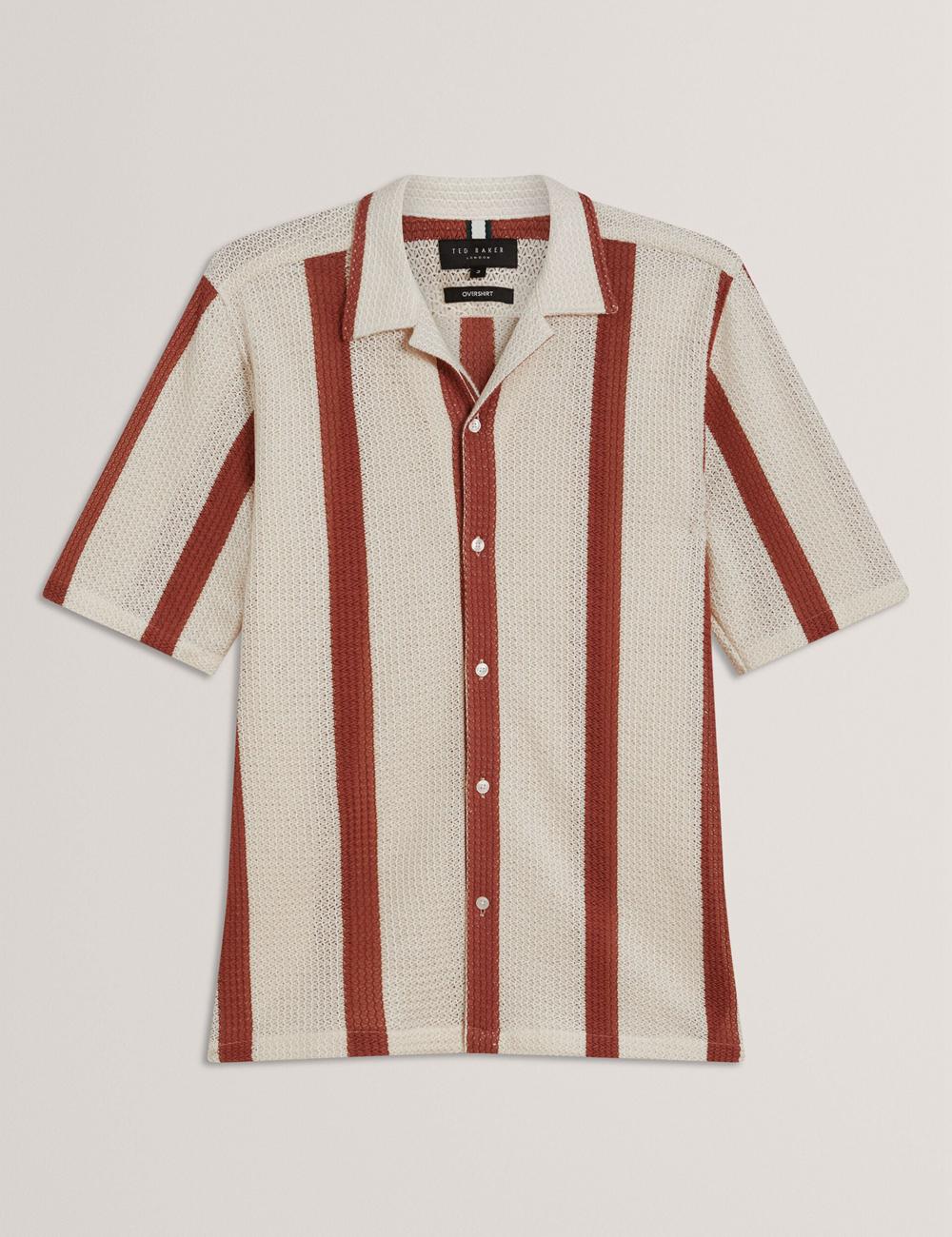 Ted Baker NIKS - Short Sleeve Stripe Crochet Oversized Men Casual Shirts Taupe | UAE  57429-XFWZ