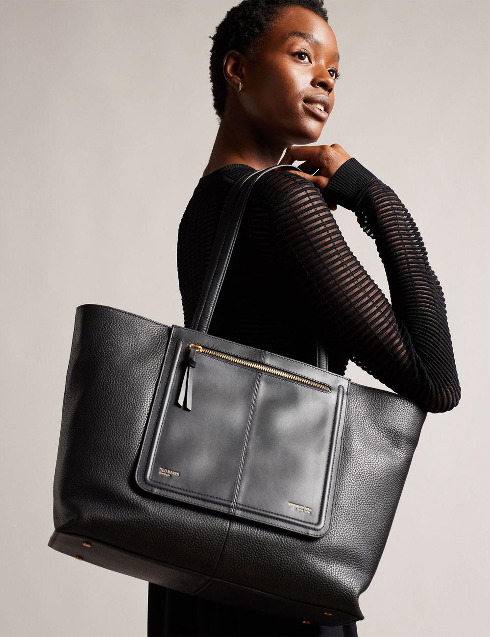 Ted Baker NISH - Wide Leather Shopper With Zip Pocket Women Shopper Bags Black | UAE  80192-RIUX