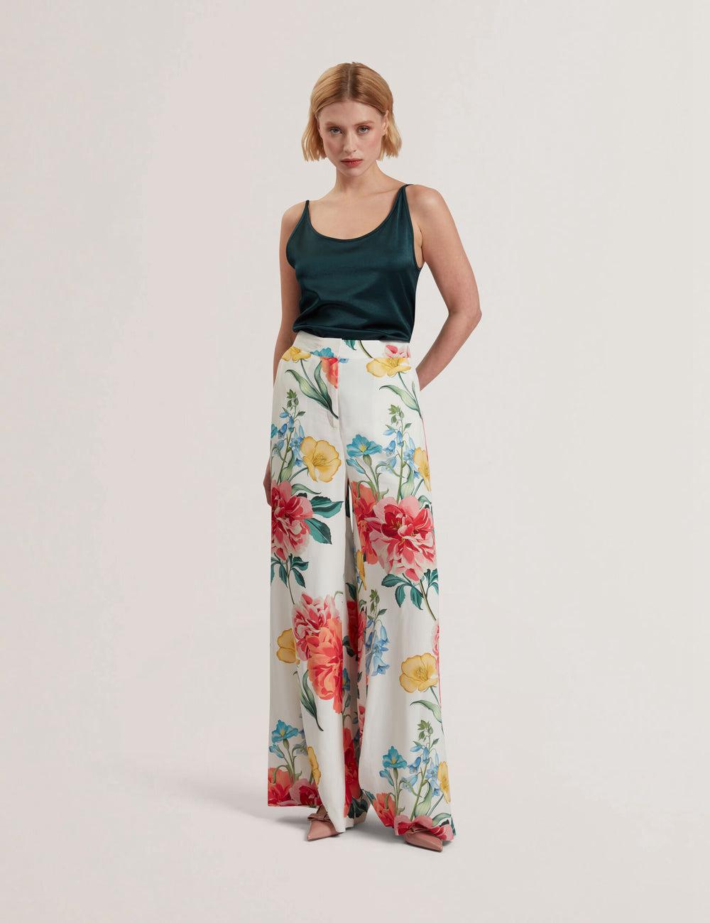 Ted Baker NYMPHAT - Floral Print High Waisted Wide Leg Women Trousers White | UAE  19507-IHVN