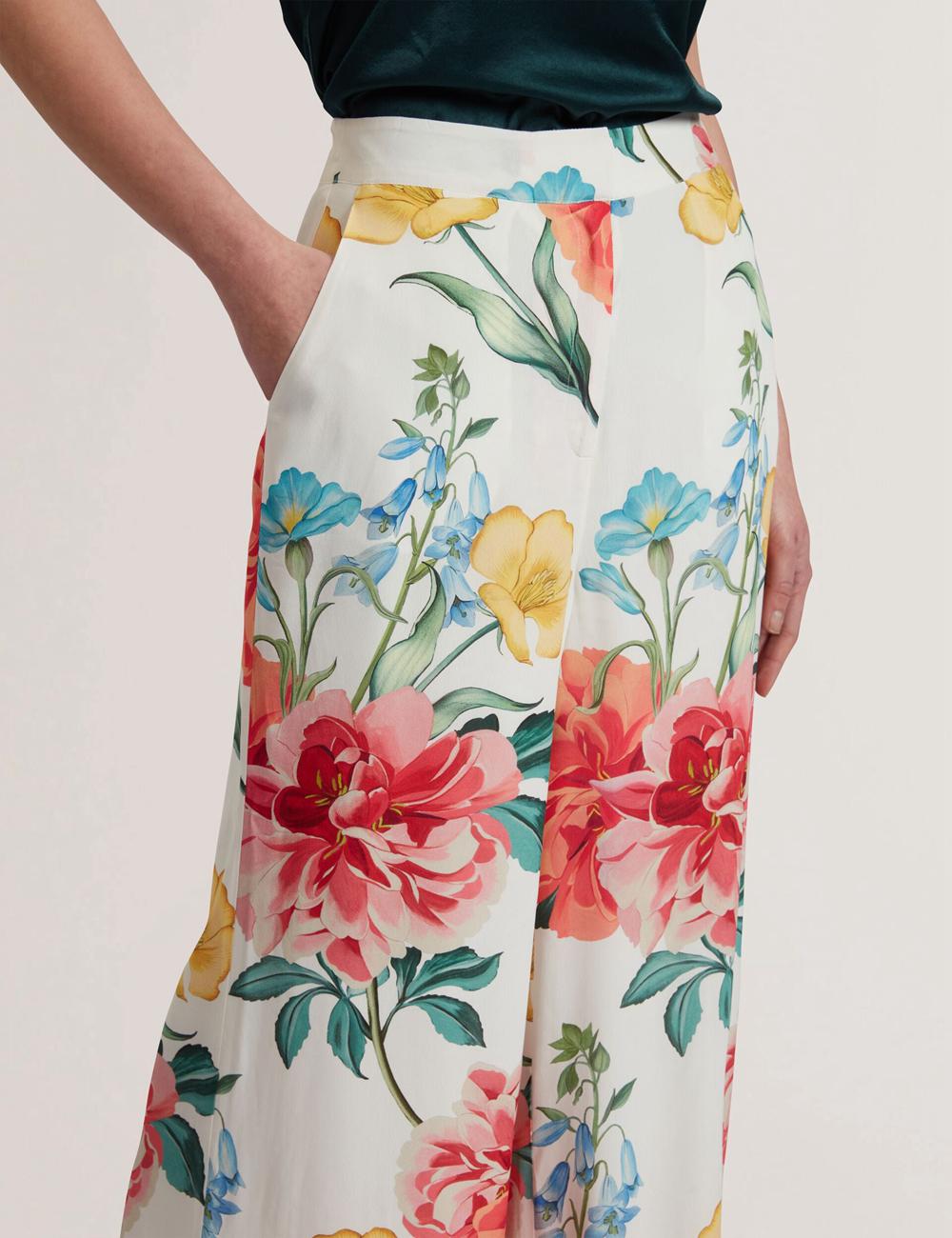 Ted Baker NYMPHAT - Floral Print High Waisted Wide Leg Women Trousers White | UAE  19507-IHVN